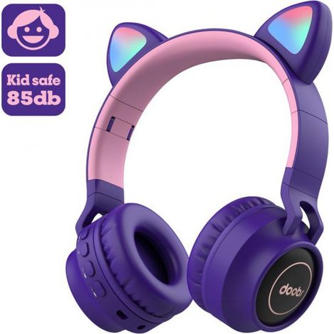 Casque audio pour enfants DOBI by - Casque Bluetooth sans fil avec oreilles de chat LED violettes - ENFANTS - LIMITATION DU VOLUME - 85 dB (1/5)