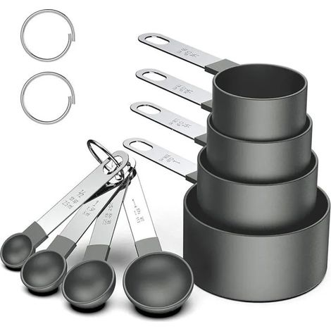 Ensemble de 8 tasses et cuillères à mesurer, cuillères à mesurer noires empilables pour mesurer les ingrédients secs et liquides (1/5)