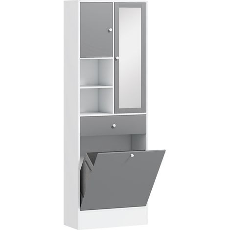 Meuble salle de bain gris et blanc 62x28.3x181 cm avec bac à linge, miroir et étagère ajustable (1/5)