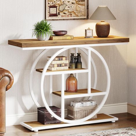 Tribesigns – Table console industrielle 4 niveaux – Base circulaire en métal – Dimensions 104,9 cm x 30 cm x 80 cm – Marron et blanc – Étagères de rangement (1/5)