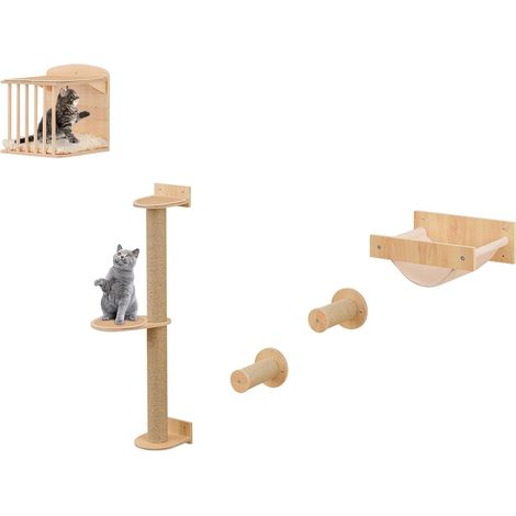 Arbre a Chat Mural, Poteaux à Griffer en Sisal, 2 Plateformes, 2 Échelle, Parcours Mural Chat, Planche en Bois Épaissie, Cadre Métallique (1/5)