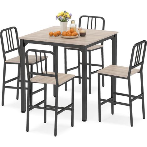 Ensemble table haute grise 5 pièces avec plateau carré et 4 tabourets en métal avec repose-pieds pour cuisine et salle à manger (1/5)