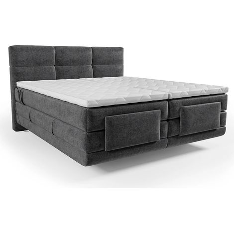 Vente-Unique – Ensemble sommier électrique avec matelas et surmatelas – 2 x 80 x 200 cm – Ressorts ensachés – Tête de lit capitonnée – Gris anthracite (1/5)