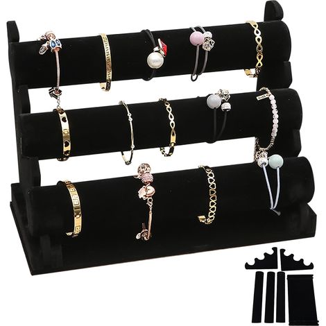 CCYKXA Samt-Armbandständer mit 3 abnehmbaren Ebenen: schwarzer Ständer für Armbänder und Schmuck für Damen und Mädchen, Schmuckhalter aus Samt, Schmuckständer für Armbänder, Halsketten und (1/5)