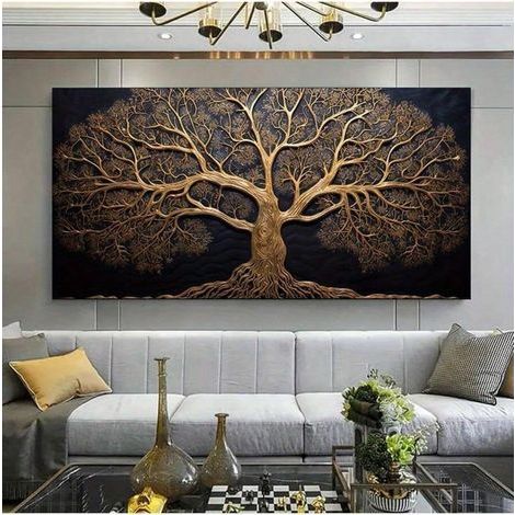 Lebensbaum-Leinwandbild, schwarz-goldenes Gemälde, Wanddekoration für Wohnzimmer, Schlafzimmer, moderne Poster und Drucke, 80 x 160 cm, ungerahmt (1/5)