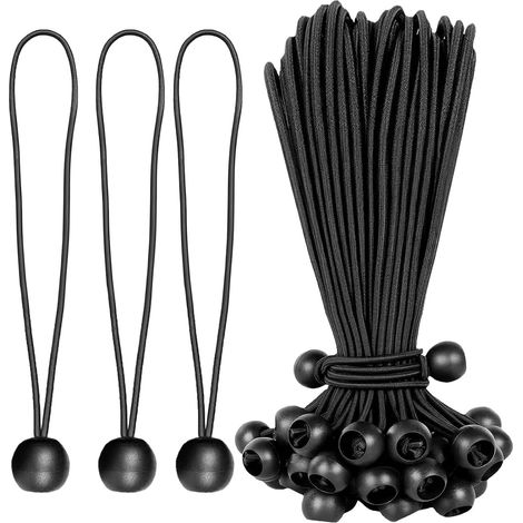 Lot de 30 tendeurs élastiques avec boule 20 cm, Attache Élastique avec boule, Tendeur bâche réutilisable, pour Bâches, rideaux et Affiches, noir (1/5)