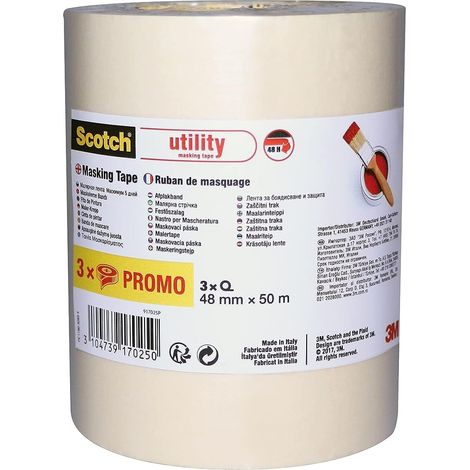 Scotch Ruban de Masquage Utility Beige, Promo Pack de 3 Rouleaux, 48 mm x 50m - Pour Peinture et Décoration Intérieure, 70% PEFC (1/5)