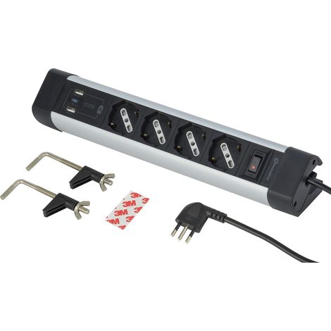 Bloc Multiprise Bureau 4 Places Multiple Schuko + 10/16A avec 3 USB (2 USB A 3.0A + 1 USB C 20W Power Delivery) Câble H05VV-F 3G.1 Longueur 2m, (1/5)