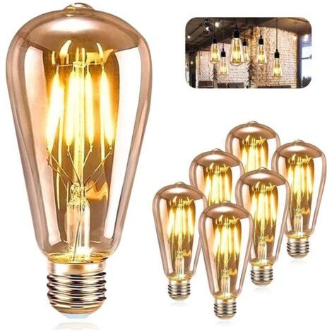 Lampadina a filamento LED E27 ST64 4W 2200K bianco caldo, stile retrò Edison vintage, confezione da 6