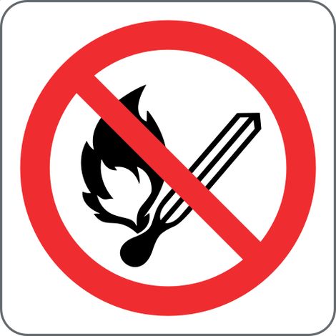 Panneau de sécurité contre la flamme ouverte - Panneau d’interdiction de fumer et de fumer ISO 7010 P003 - Taille : 5050 mm - Matériau : PVC rigide - Size: 6060mm - Material: Adhesive PVC (1/2)