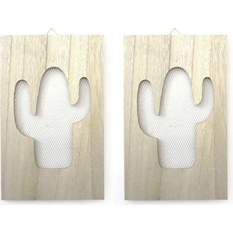 2 tableaux en bois grillage cactus 15 x 24 cm