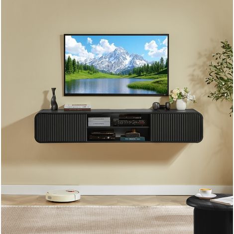 Mueble TV de pared 160x38x30 cm de aglomerado negro con almacenaje abierto – MEUBLIV (1/5)