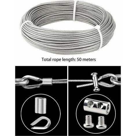 Câble inox 50M 3mm – Acier inoxydable 304 – Résistant à l'eau et à la corrosion – Manchons et attaches inclus