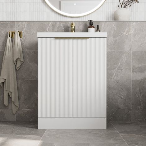 Fluted 600mm Bathroom Vanity Unit Basin Floorstanding Cupboard Soft Close White (1/5)