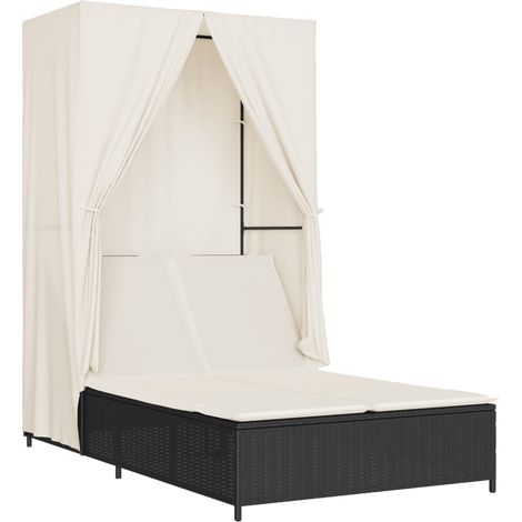 Maison Exclusive - Lettino Prendisole con Tetto e Tende Nero in Polyrattan