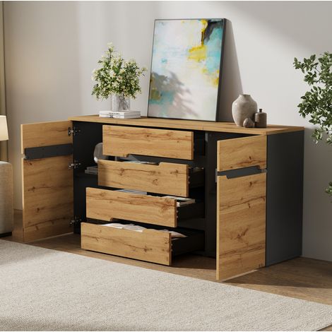 Credenza 160 x 40 x 80 cm con 2 ante e 4 cassetti, legno e nero DESVIAE (1/5)