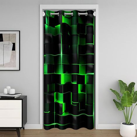 Vert Noir Pastel Rideau Invisible,Géométrique Néon Carré Rideau de Porte 86x203 Chambre À Coucher,Grille Géométrique Stéréo Rideau de Porte Moderne Abstrait Rideau Invisible - 86L X 203H cm (1 Panneau (1/5)