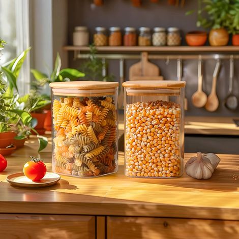 (550 ml - 2 bouteilles) Bocaux de conservation en verre avec couvercles en bambou, adaptés à la conservation des grains de café, des bonbons et des flocons d'avoine. (1/4)