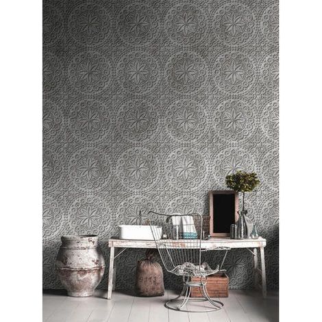 Papier peint panoramique gris et blanc fleurs Tapisserie panoramique béton à motifs géométrique Papier peint panoramique design idéale salon (1/3)