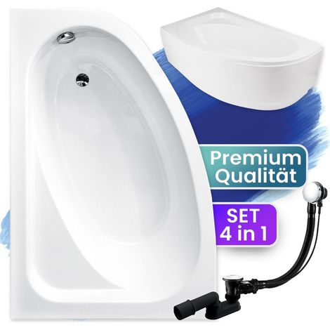 Badewanne Eckbadewanne 140x80 Links mit AcrylSchürze, Ablaufgarnitur & Füßen GRATIS - Komplettset 4in1 Original Acryl Wanne Siphon - BADLAND CORNEA (1/5)