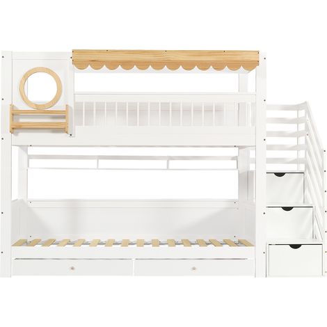 Cama alta infantil 90x200 cm con escalera, cajones y estanterías, blanco natural (1/5)