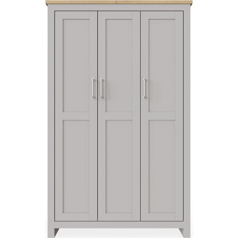 Grey 3 Door Wardrobe With Oak Effect Top Spacious Storage Shelves (1/4)