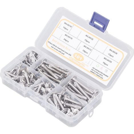 Lot de 101 vis autoforeuses tête fraisée à rondelle en acier inoxydable M4.8, 6 tailles, assortiment de fixations (1/5)