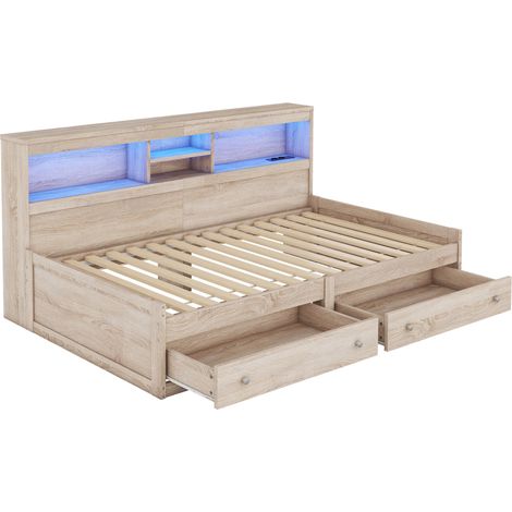 Letto divano 90 x 200 cm con cassetti, USB, luce ambiente e rete, naturale (1/5)