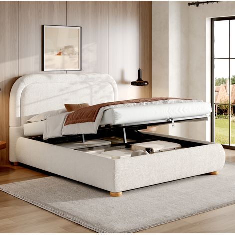 Lit double rembourré 160x200 cm avec sommier, coffre hydraulique, tête de lit, blanc bouclé (1/5)