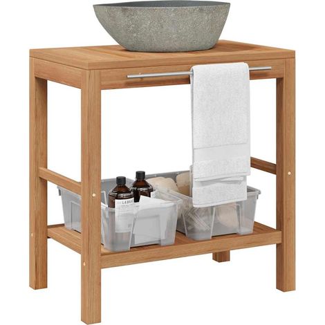 Armoire de salle de bain - Meuble de rangement Teck solide et lavabo en pierre de rivière BV999560 - BonneVie (1/5)