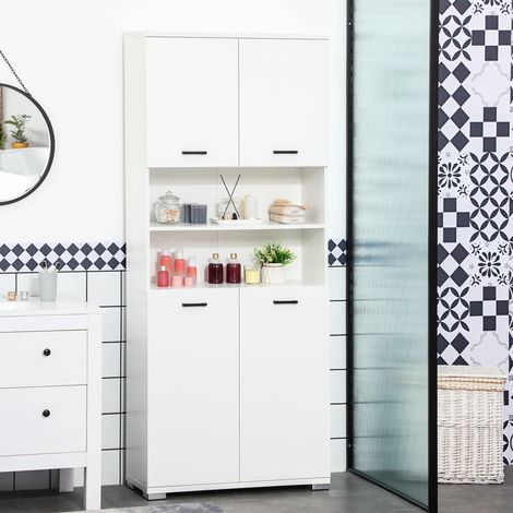 Meuble de salle de bain en bois avec 2 portes et 2 étagères ouvertes, conception anti-basculement, 80 x 33,5 x 190 cm, blanc (1/5)