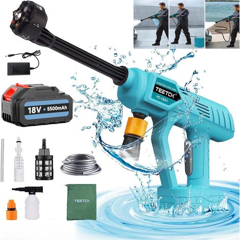Tragbarer Akku für Auto-Hochdruckreiniger, kabellose Reinigungspistole, Wasserstrahl, 6-in-1-Düse + 5,5-A-Akku + Ladegerät, kompatibel mit Makita-Akku