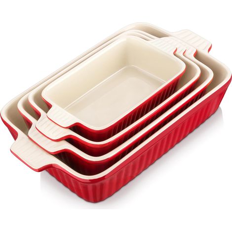 Lot de 4 Plats à Gratin en Céramique avec Poignées, Plats Rectangulaires en Porcelaine Rouge, 3020ml, 2080ml, 1480ml, 850ml, Passe au Lave-vaisselle, Idéaux pour Cuisson et Gratin (1/5)