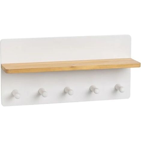 Étagère murale - JUANIO - Étagère murale 5 crochets - 50x13x25 cm - Bois de peuplier & MDF laqué blanc - Charge 5 kg (1/5)