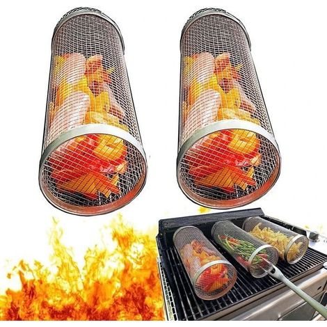 Panier à griller cylindrique en acier inoxydable, accessoires pour légumes et grillades en extérieur (1/5)
