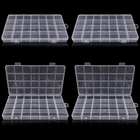 (4 pieces) Plastic Storage Box with 28 Compartments, Transparent Compartment Box, for small plastic parts with label, Crafts, Beads, Jewelry, Small Parts