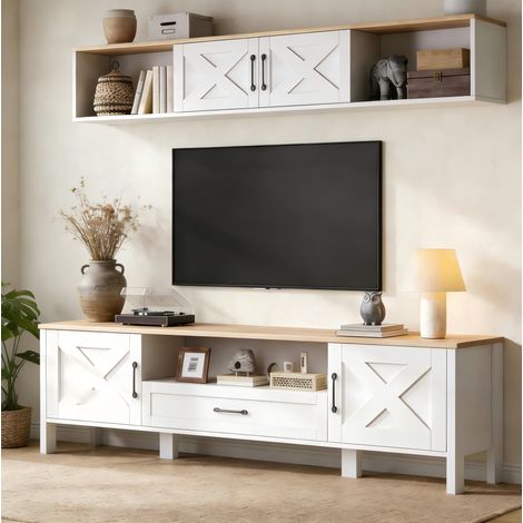 Mueble TV con vitrina mural MDF 180 cm blanco OKMYHOME (1/5)