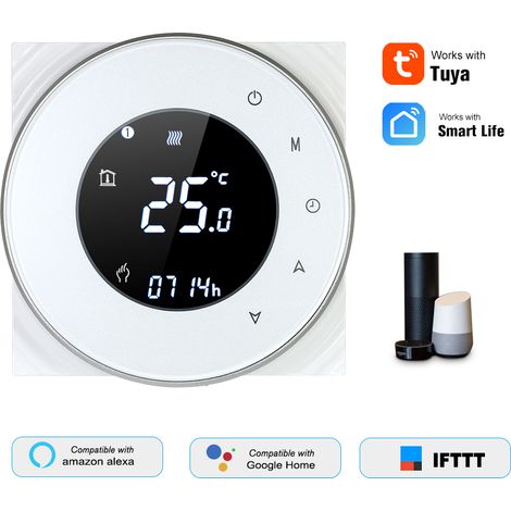 Programmierbarer Gasheizungsthermostat, potentialfreier Temperaturregler, Touchscreen-LCD mit Hintergrundbeleuchtung, Sprachsteuerung kompatibel mit Amazon Echo / Home / IFTTT