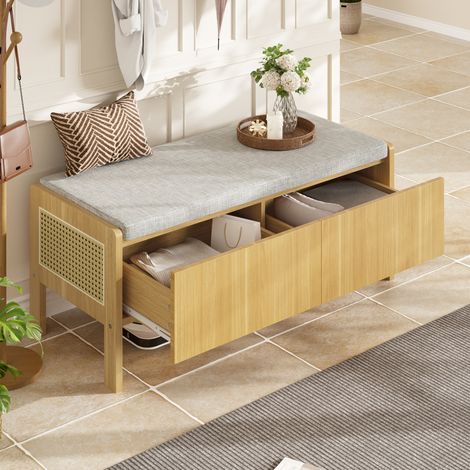 Banc à chaussures avec rangement en bambou et MDF 113 x 40 x 45,5 cm naturel et gris OKWISH (1/5)