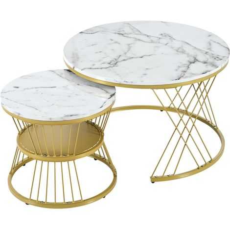 Ensemble de tables basses gigognes modernes, ensemble de tables basses laquées brillantes, tables d'appoint gigognes en placage marbre pour canapé, tables de chevet rondes, lot de 2, cadre doré