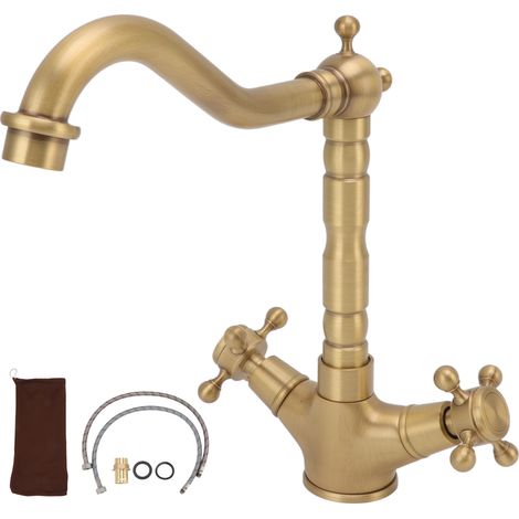 Robinet de Salle de Bain Double Poignée Laiton Antique Européen, Robinet de Cuisine avec Croisillon, Mitigeur Eau Chaude Froide (1/5)