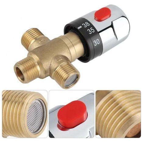 Vanne Mélangeur Eau Chaude Froide Robinet mitigeur thermostatique en laiton solide Robinet température fixe pour lavabo Cuisine Salle de bain Toilette G1/2 35-45℃ 15mm (1/4)