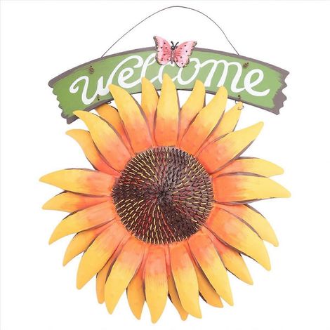 Plaque de bienvenue extérieure en métal, motif tournesol, peinte à la main, pour porte d'entrée (1/5)