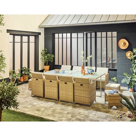 Bestmobilier – Salon de jardin encastrable en résine tressée beige – 12 places – coussins déhoussables – housse de protection – table en verre