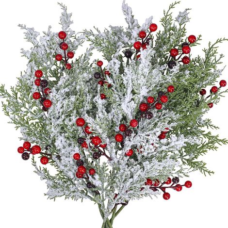 Branches De Sapin Artificielles - Aiguilles Neigeuses Et Baies Rouges - Décoration De Noël - Foliage Faux Pour Guirlandes Et Couronnes - Par 6 (1/5)