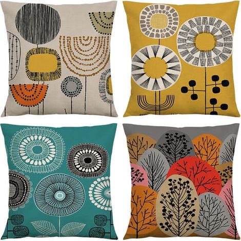 Filiyano – oreiller – Lot de 4 taies d'oreiller, motif arbre fleuri abstrait, dessin animé, décoration, 45 x 45 cm, douces et moelleuses, style (1/5)