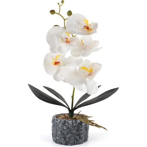 Orchidée artificielle réaliste avec vase en ciment - Décoration d'intérieur ou de mariage - Blanc - 38,1 cm de haut (1/5)