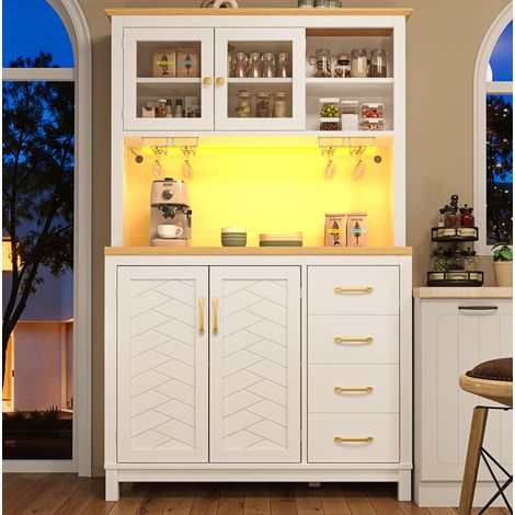 Buffet 105,5x40x180 cm blanc en MDF avec éclairage LED et grand rangement (1/5)