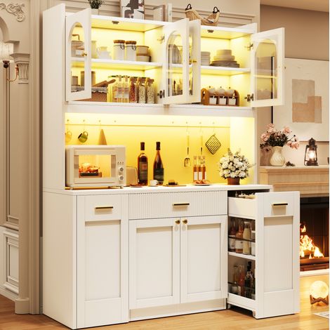 Meuble de cuisine haut 120x40x187 cm avec LED RGB, 3 vitrines en verre, tiroirs et portes, blanc (1/5)
