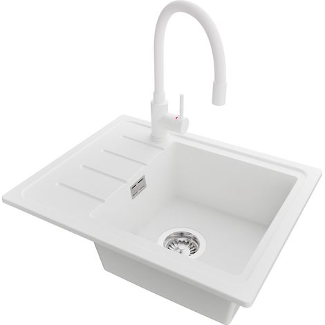 PRIMAGRAN Evier Cuisine en Granit 55x44cm,Lavabo 1 bac + Robinet 38x14cm + Kit de Vidage, Évier à Encastrer au meuble 45cm - Copenhague Easy, Blanc (1/5)